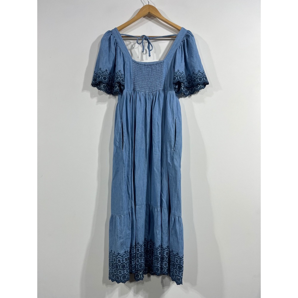 Old Navy Western Boho Embroidered Chambray Midi Dress Medium Country Prairie 90s - Picture 4 of 9